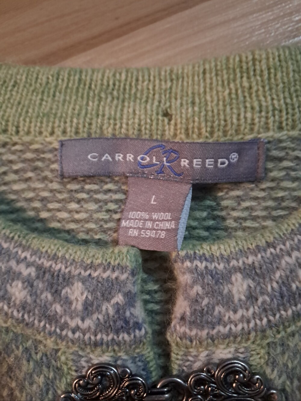 Carroll Reed Green Wool Knit Cardigan with Decorative Clasp